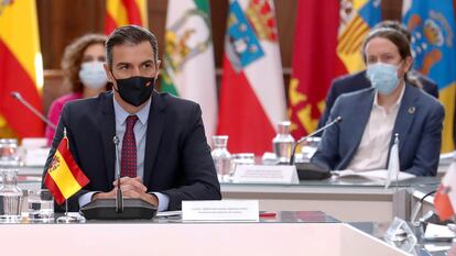 El presidente del Gobierno, Pedro Snchez, al inicio de la XXI Conferencia de Presidentes, en San Milln de la Cogolla, La Rioja el 31 de julio.