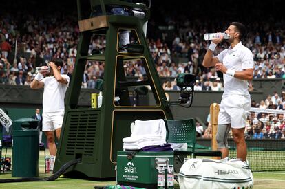 Alcaraz y Djokovic toman agua durante un descanso, este domingo en la final de Wimbledon. 