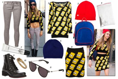 CARA DELEVINGNE:
1. Mother Jeans pitillo. 2. Jeremy Scott Jersey con print de Bart Simpons. 3. Courrèges Gorro de punto. 4. Bolsita con polvos que se le cayó a Cara Delevingne delante de la prensa. 5. Princess Linenes Mochila personalizable de niño. 6. Demylee Gorro de punto. 7. M·A·C Bálsamo labial. 8. Jeremy Scott Falda recta de punto con print de Bart Simpsons. 9. Paciotti For Us Bota con cordones y cremallera y tachuelas en el tacón. 10. Topshop Anillo con corazón y la letra “C”. 11. Moncler Gafas de sol con montura de pasta y metal.