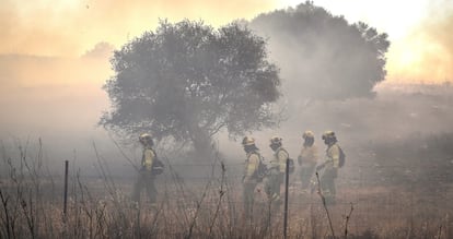 Labores de extinción de un incendio forestal en Villarrasa (Huelva).