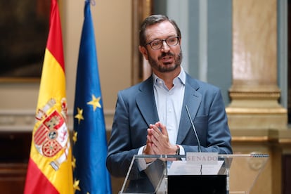 El vicepresidente primero y portavoz de la Mesa del Senado, Javier Maroto, durante una rueda de prensa, el 5 de septiembre.