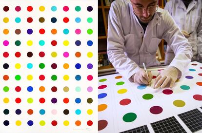 A la izda. la obra original de Damien Hirst. A la dcha. el equipo de MSCHF en acción deconstruyendo la obra del artista británico.