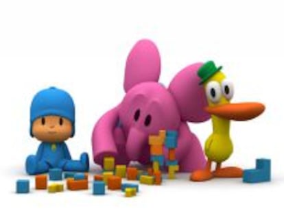 Pocoy&oacute;, Elly y Pato, protagonistas de la serie, jugando a las construcciones.