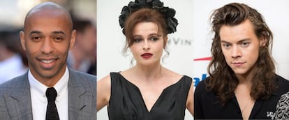 El futbolista Thierry Henry, la actriz Helena Bonham Carter y el cantante Harry Styles. 