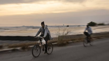 Los inmigrantes se desplazan en bicicleta entre los invernaderos de el Ejido.