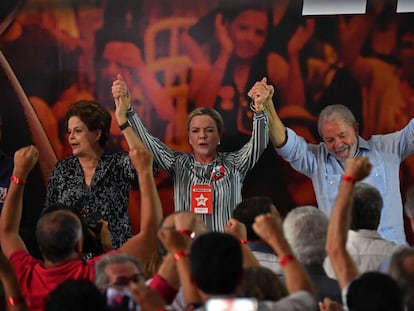 Dilma Rousseff, Gleisi Hoffmann e Lula em evento na CUT.