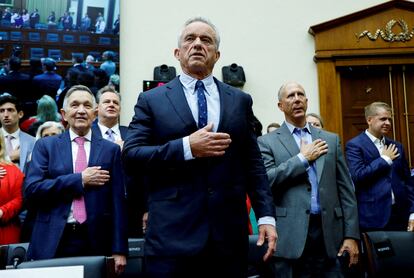 Democratic presidential candidate Robert F. Kennedy Jr. stands to recite the Pledge of Allegiance at a House Judiciary Select Weaponization of the Federal Government Subcommittee hearing, examining the Missouri v. Biden case, on Capitol Hill in Washington, D.C., U.S., July 20, 2023.