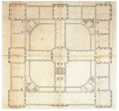 Planta de la fachada principal del palacio del segundo proyecto de Robert de Cotte, 1714-1715. Biblioteca Nacional de Francia.