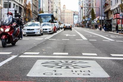 Imagen de la Gran Vía con Madrid Central.