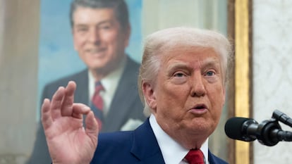 WASHINGTON (United States of America), 28/05/2025.- US President Donald Trump speaks at the swearing-in ceremony for Jeanine Pirro, as interim US Attorney for the District of Columbia, in the Oval Office at the White House in Washington, DC, USA, 28 May 2025. EFE/EPA/Chris Kleponis - Pool via CNP / POOL