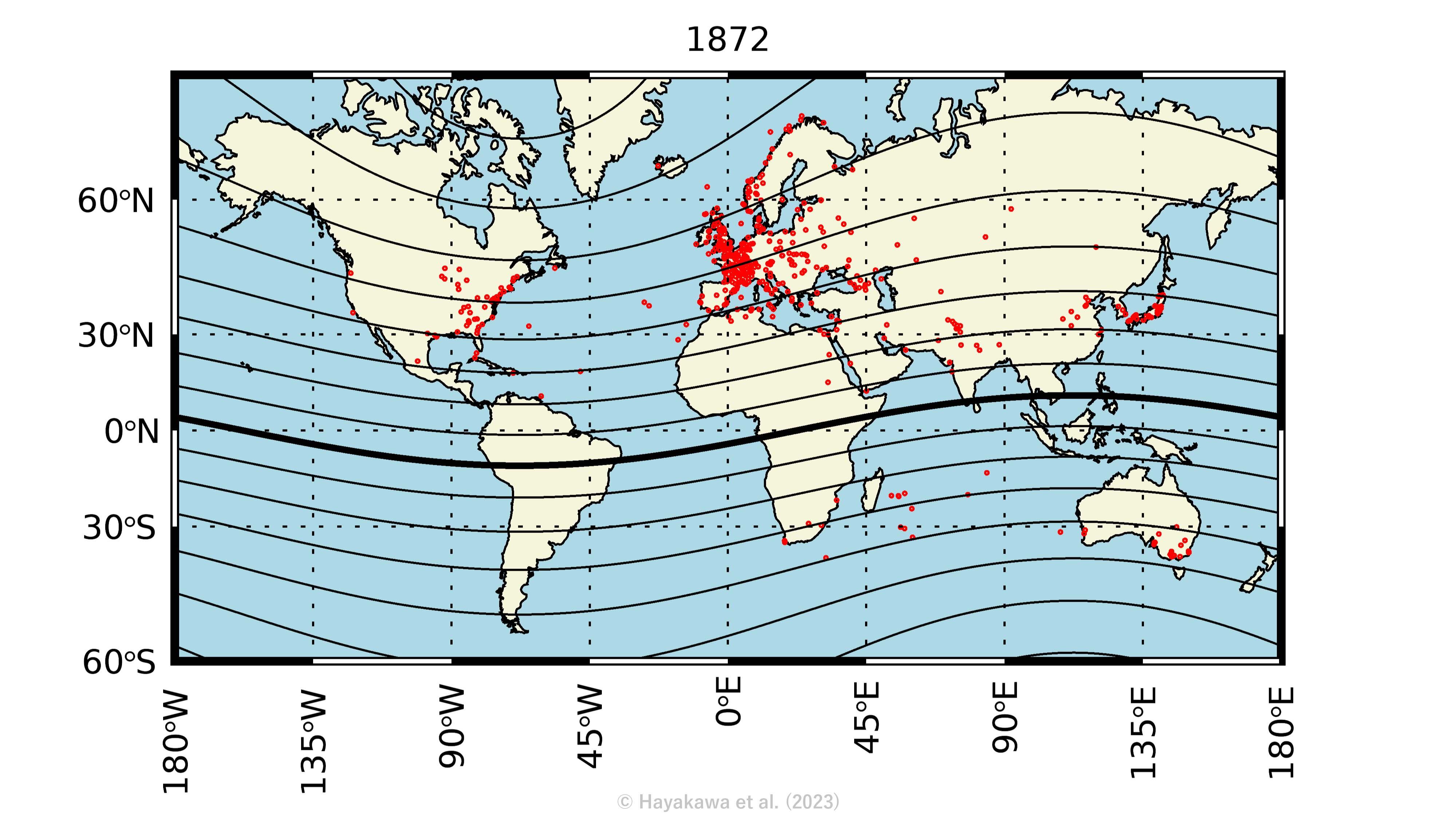 El mapa muestra los lugares desde los que se vieron las auroras boreales al norte del ecuador y las australes al sur, según las crónicas y registros históricos.