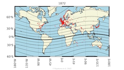 The map shows the locations from which the aurora borealis was seen to the north of the equator and aurora australis to the south, according to historical chronicles and records.