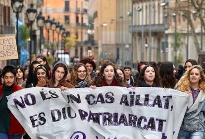 Students in Barcelona holding banners that read: “It is not an isolated case, it’s called patriarchy” on International Women’s Day.