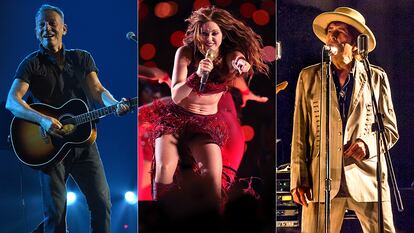 Bruce Springsteen (izquierda), Shakira y Bob Dylan, tres de los artistas que han vendido los derechos de sus canciones.