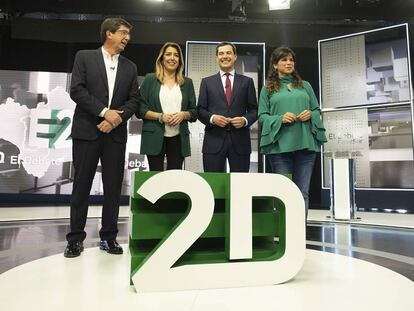 Los candidatos a la Presidencia de la Junta, durante el debate celebrado la noche del lunes en Sevilla. De izquierda a derecha, Juan Marín, Susana Díaz, Juan Manuel Moreno y Teresa Rodríguez.