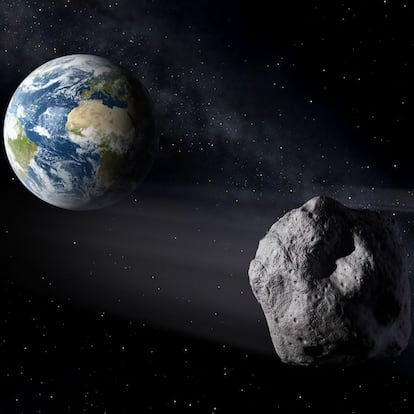 Representación del asteroide Apofis y la Tierra.