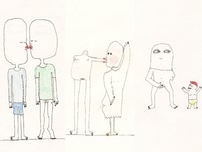 Tres de los dibujos de Juan Zamora expuestos en la galería Moriarty de Madrid.
