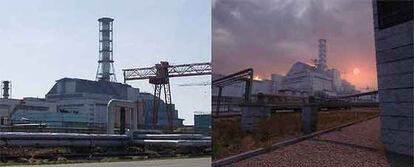 A la izquierda, una foto del reactor 4 de la central nuclear de Chernóbil. A la derecha, su recreación virtual en el videojuego <i>S.T.A.L.K.E.R.</i>