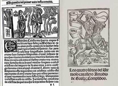 Izquierda, edición de <i>La Celestina </i>de 1499, conservada en la Hispanic Society of America. Derecha, <i>Amadís de Gaula</i> (1508) de la British Library.