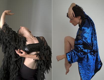 La bailarina Alexa Moya con el 'kimôh' Black Swan y su colega Melania Olcina Yuguero con el 'kimôh' de lentejuelas azules de la obra ‘Presente’ de Antonio Ruz.