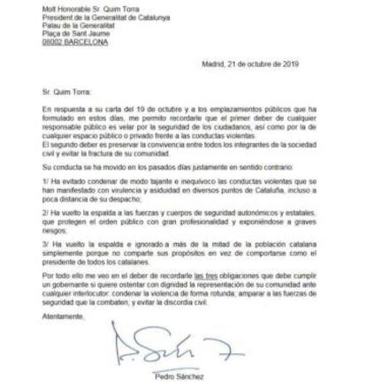 The letter that Pedro Sánchez sent to Quim Torra.