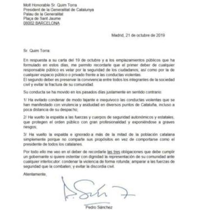 The letter that Pedro Sánchez sent to Quim Torra.