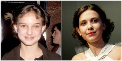 A la izquierda, Natalie Portman en 1994; y a la derecha, Millie Bobby Brown en 2017.
