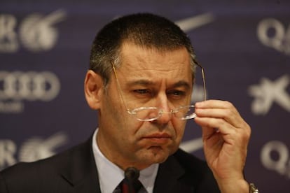 Josep Maria Bartomeu at Monday's press conference.