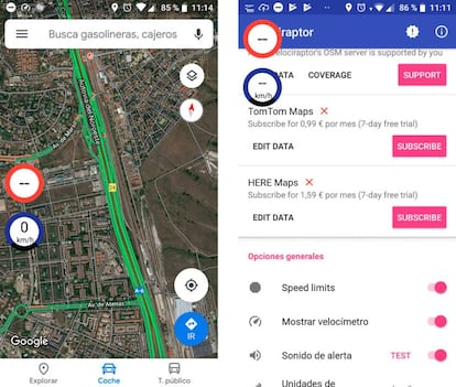 El widget de Velociraptor sobre Google Maps, y las opciones de configuración de la app