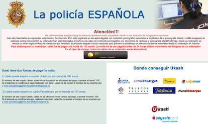 Pantalla bloqueada por 'ramsonware' haciéndose pasar por la Policía Nacional.