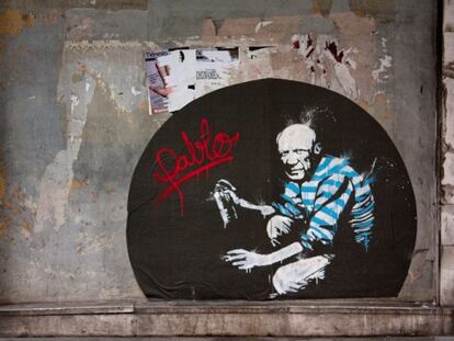 Pablo Picasso con un espray de pintura, imaginado por Sr. X en Gijón.