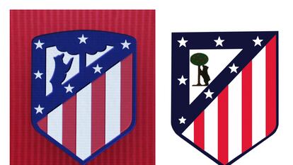A la izquierda, el actual escudo del Atlético de Madrid. A la derecha, el que estuvo vigente entre 1947 y 2017 y que volverá a ser utilizado para la temporada 24-25.