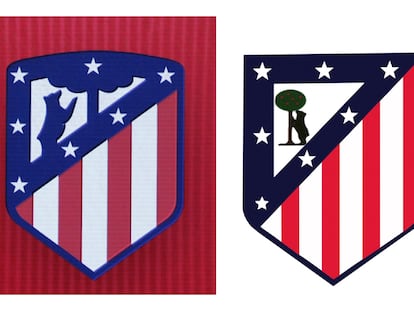 A la izquierda, el actual escudo del Atlético de Madrid. A la derecha, el que estuvo vigente entre 1947 y 2017 y que volverá a ser utilizado para la temporada 24-25.