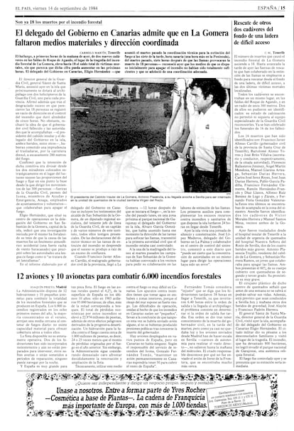 Noticia publicada el 14 de septiembre de 1984 en 'EL PAÍS' sobre el incendio ocurrido en La Gomera.