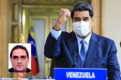 O presidente da Venezuela, Nicolás Maduro. No quadro, o empresário colombiano Alex Saab.