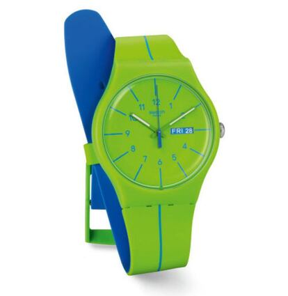 Reloj Swatch modelo Verde Azul, con correa de silicona, cierre de plástico y motor de cuarzo. Precio: 70 euros.