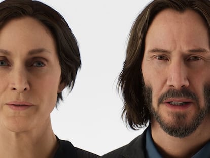 La recreación digital de Carrie-Anne Moss y Keanu Reeves en 'The Matrix Awakens'.