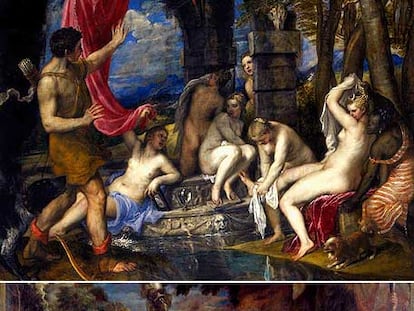 Estas dos obras se exponen en la sede escocesa de la National Gallery. Arriba, <i>Diana y Acteón; </i>a la izquierda, <i>Diana y Calisto, </i>de Tiziano.