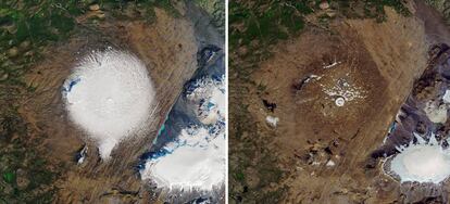 Imagens de satélite da geleira Ok em 1986 (esquerda) e em primeiro de agosto.