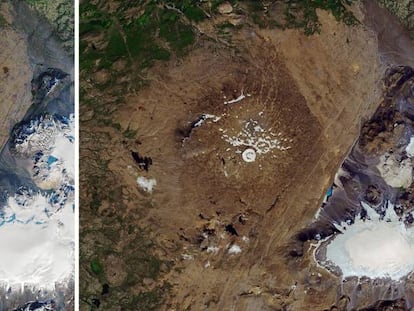 Imágenes de satélite del glaciar Ok en 1986 (izquierda) y el pasado 1 de agosto.