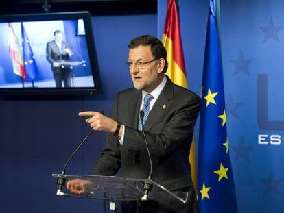 El presidente del Gobierno, Mariano Rajoy, en la rueda de prensa de Bruselas
