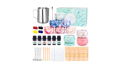 Candle making kit on white background.