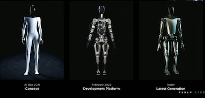 Evolución del robot humanoide de Tesla, Optimus, desde el concepto hasta la última generación, pasando por la plataforma de desarrollo, en una imagen de una presentación de la empresa.
