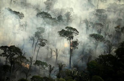 Una ola de humo durante un incendio en un área de la selva amazónica cerca de Porto Velho, estado de Rondonia (Brasil), el día 10 de septiembre de 2019.