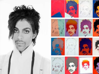 A la izquierda, la fotografía de Lynn Goldsmith de Prince que Andy Warhol utilizó en su serie sobre el cantante (a la derecha).