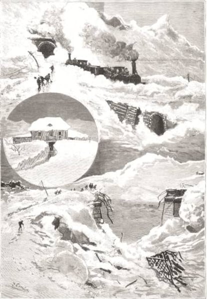 Grabado publicado en 'La Ilustración española y americana' (8 de abril de 1888) que muestra el viaducto de Matarredonda (entre León y Asturias), destruido por la nevada del 27 de febrero de ese año.