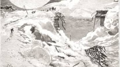 Grabado publicado en 'La Ilustración española y americana' (8 de abril de 1888) que muestra el viaducto de Matarredonda (entre León y Asturias), destruido por la nevada del 27 de febrero de ese año.