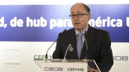 El presidente de Iberia, Luis Gallego, esta mañana en el encuentro CEOE Cepyme celebrado en Madrid.