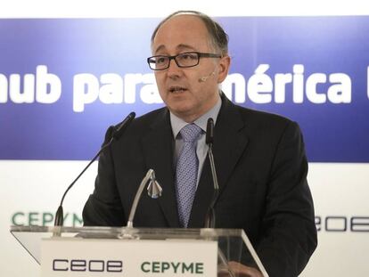 El presidente de Iberia, Luis Gallego, esta mañana en el encuentro CEOE Cepyme celebrado en Madrid.
