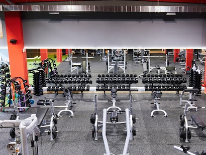 Large group of exercise machines and equipment in a gym.